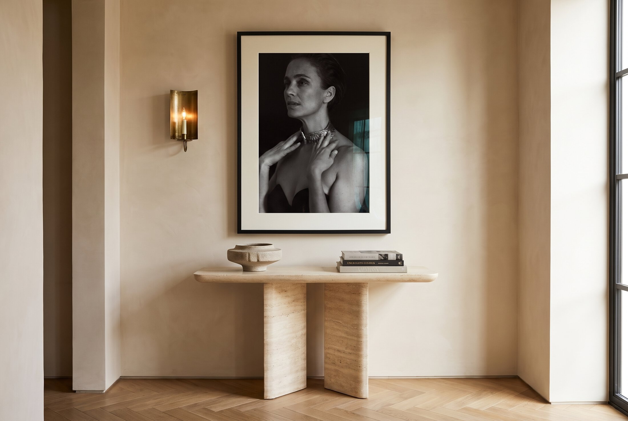 Framed fine-art print by Heather Tammaro in a luxury entryway