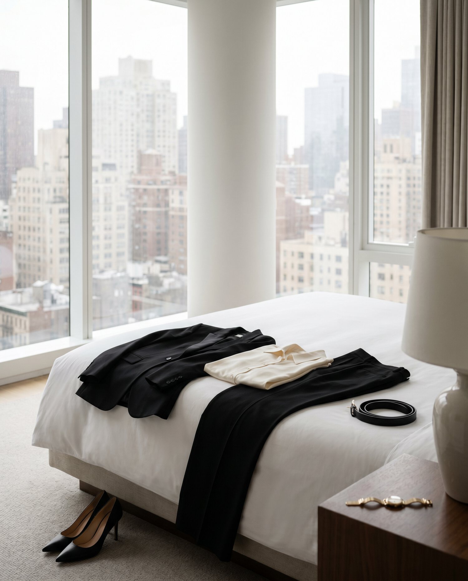 Black tailoring laid on a Manhattan hotel bed, skyline beyond