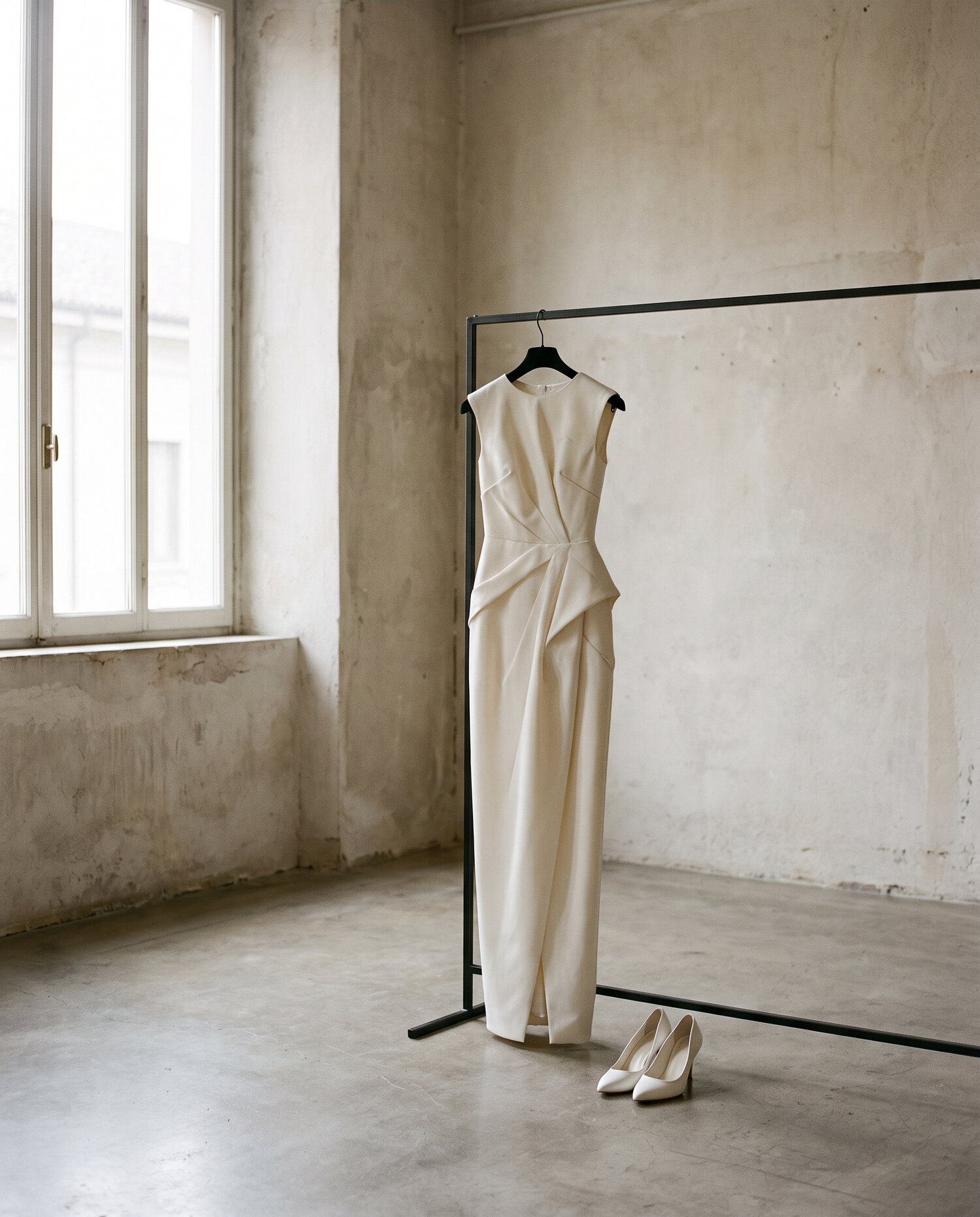 Architectural ivory gown hanging in a plaster atelier