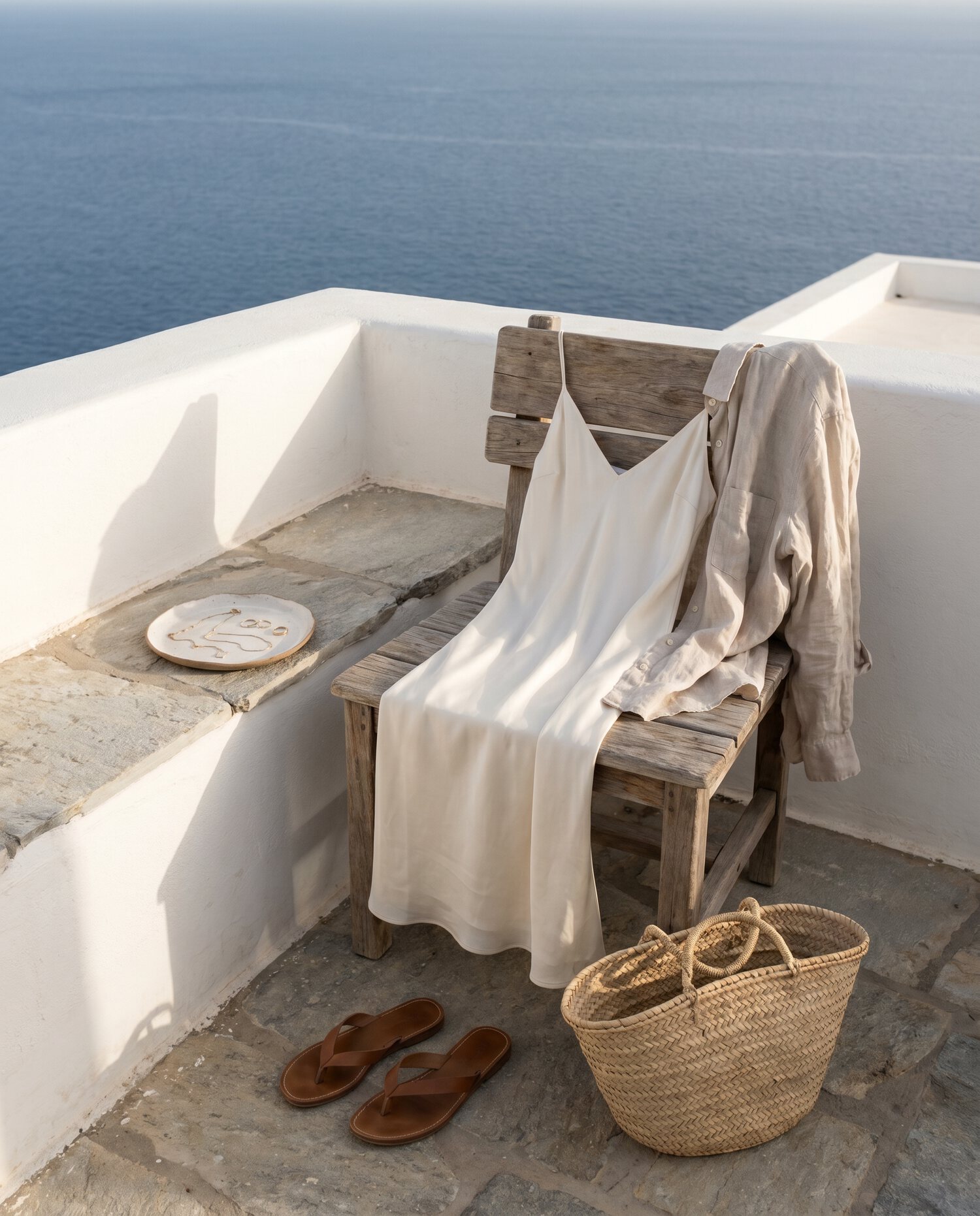 Ivory silk and linen on a Greek island terrace over the Aegean