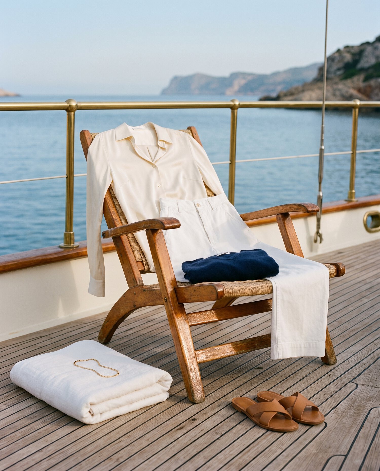 Silk and white trousers on a yacht deck chair, sea beyond